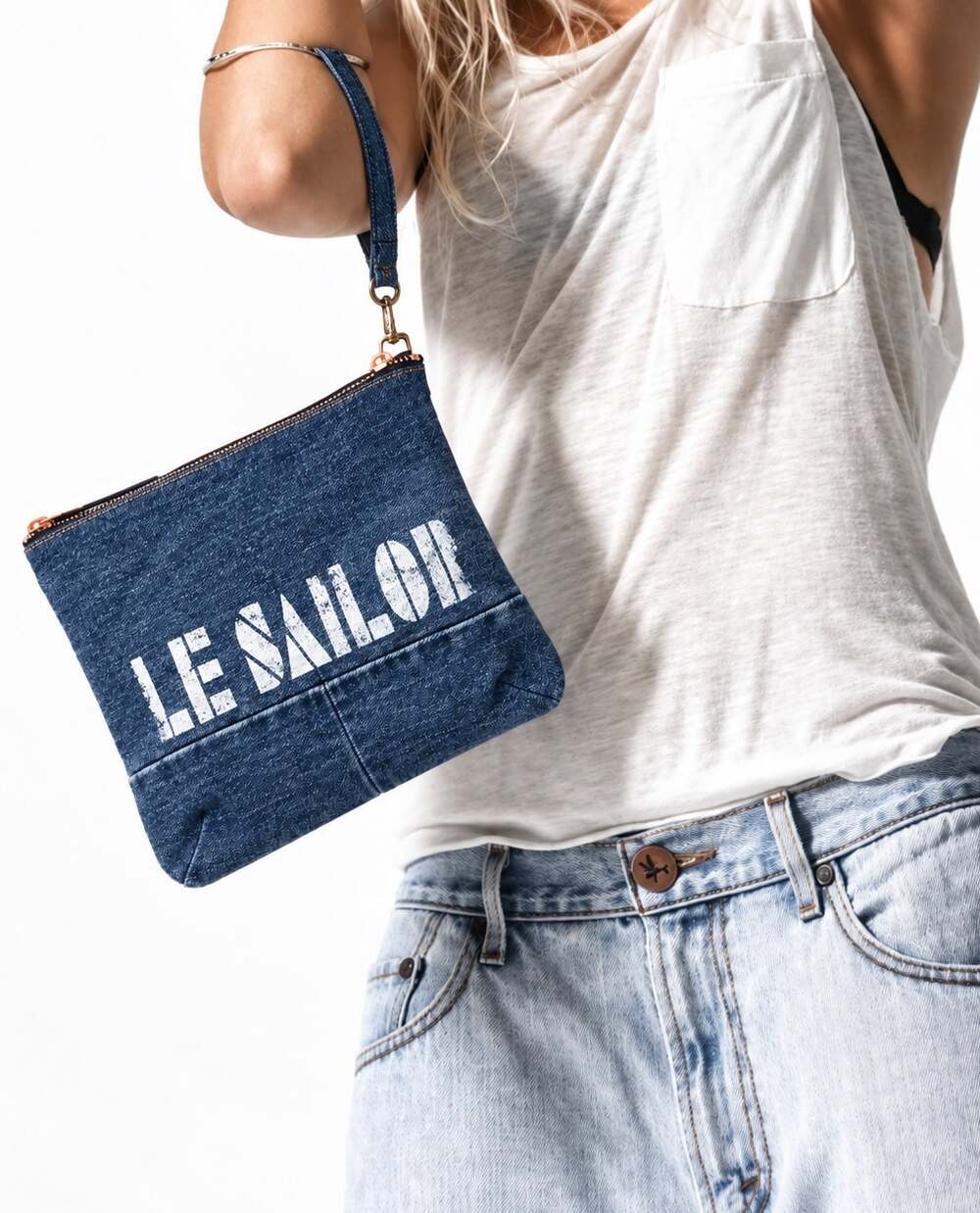 One Teaspoon Le Sailor Darkies Wash Dark Denim Zippered Clutch NEW